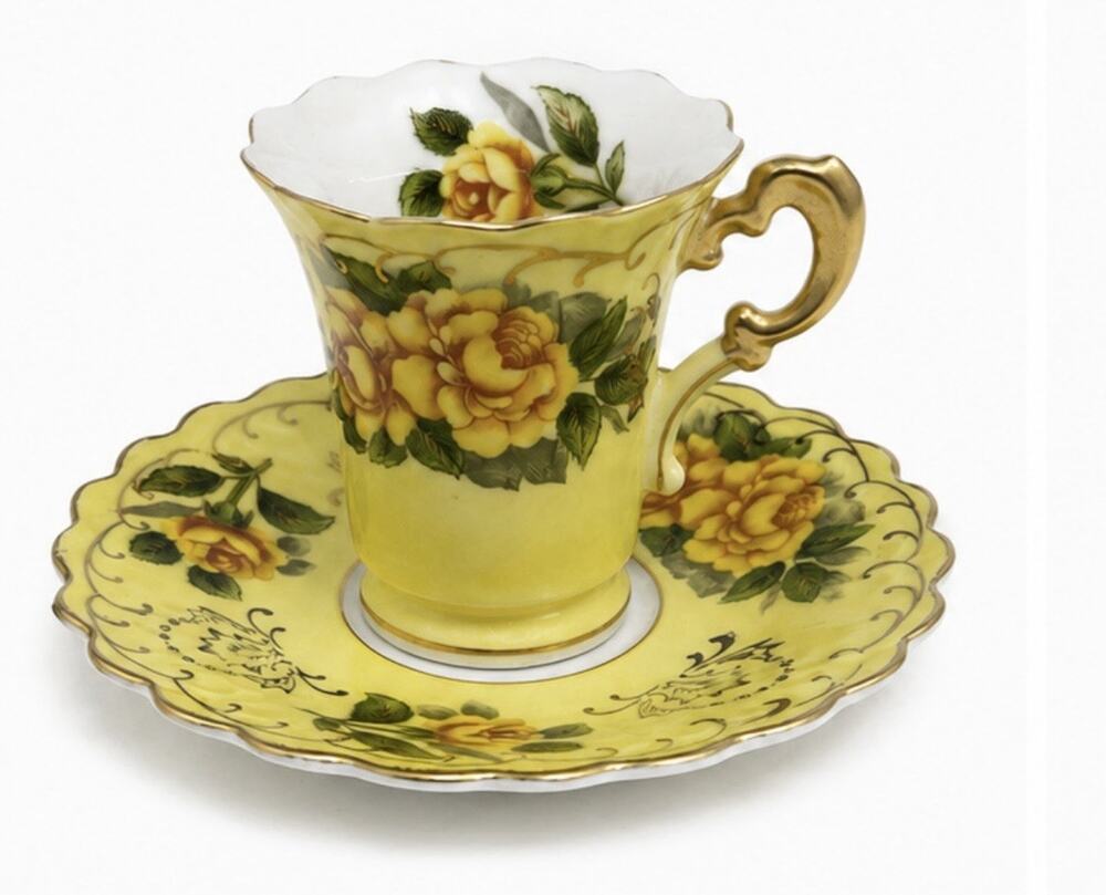 Lefton China Floral Demitasse Cup and Saucer Yellow With Gold Trim Vintage